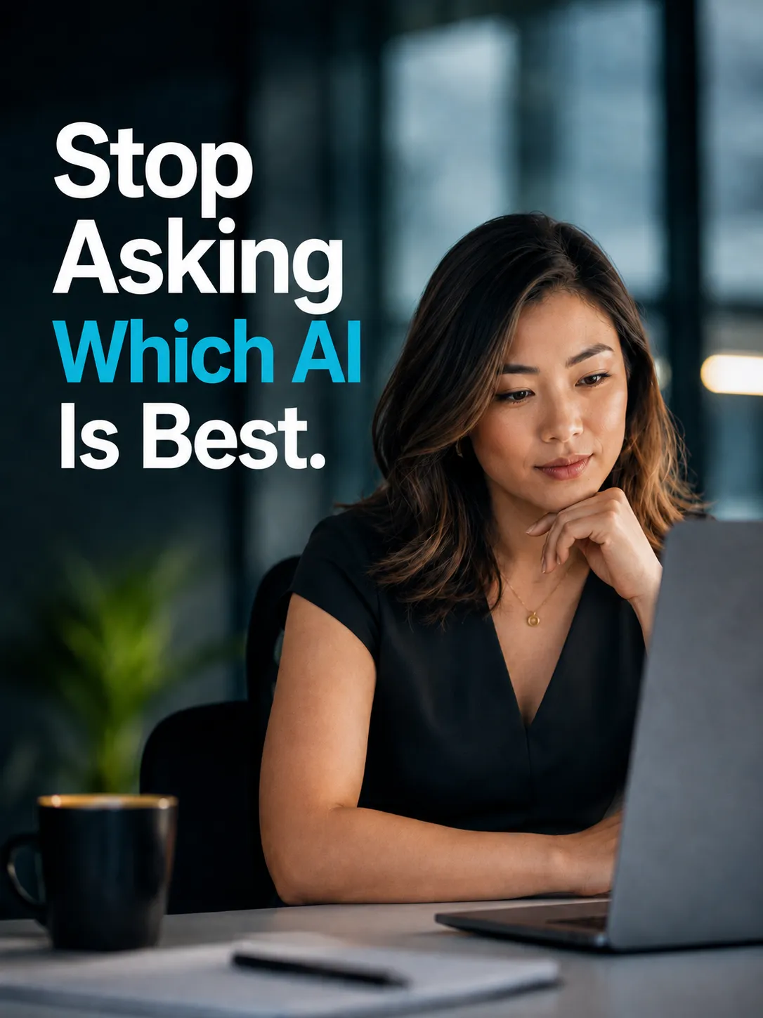 Business professional working on a laptop with the text Stop Asking Which AI Is Best, illustrating the Fit-First approach to choosing an AI platform