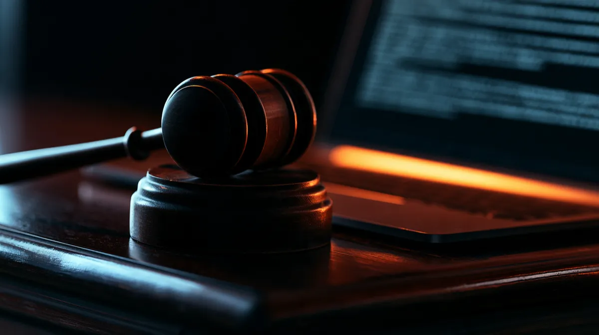 A wooden judge's gavel rests beside a glowing laptop on a dark polished desk, lit by a single warm amber light source against a near-black background.