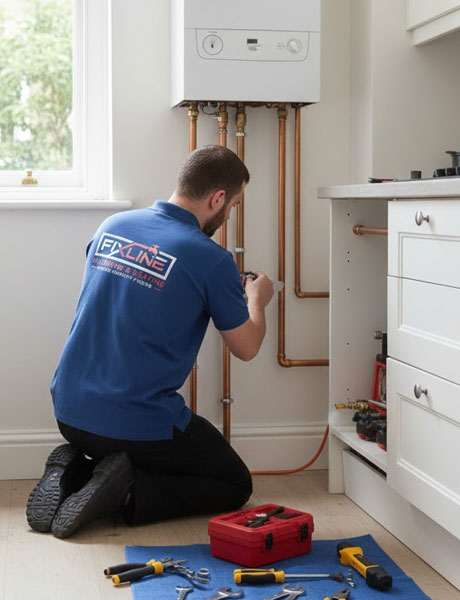 Plumber with customer in the bathroom