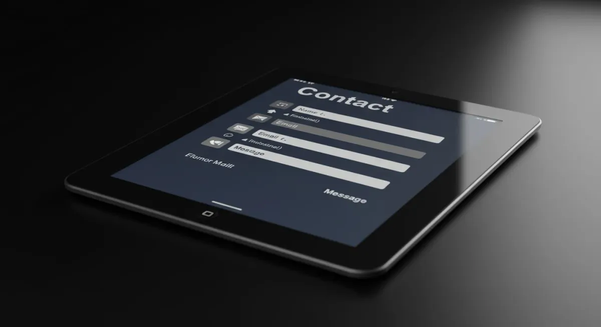 Tablet screen showing a contact form with input fields for user interaction, designed for easy submission of inquiries or messages.