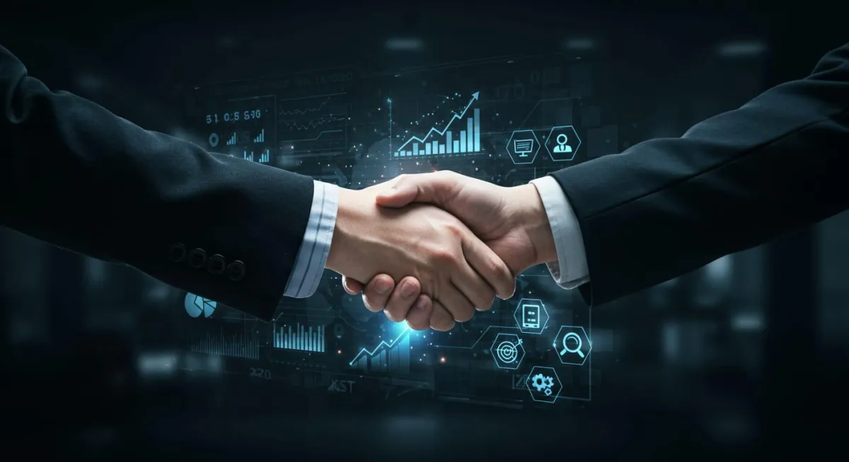 Two individuals shaking hands, with a background display featuring various icons and graphs. The handshake is set against a backdrop of data visualizations.