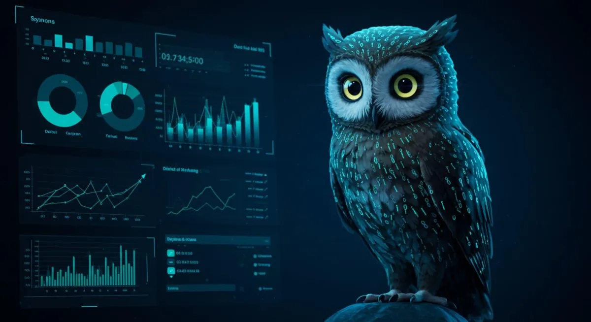 Illustration of an owl alongside a digital display of multiple graphs, symbolizing insight and data-driven analysis.