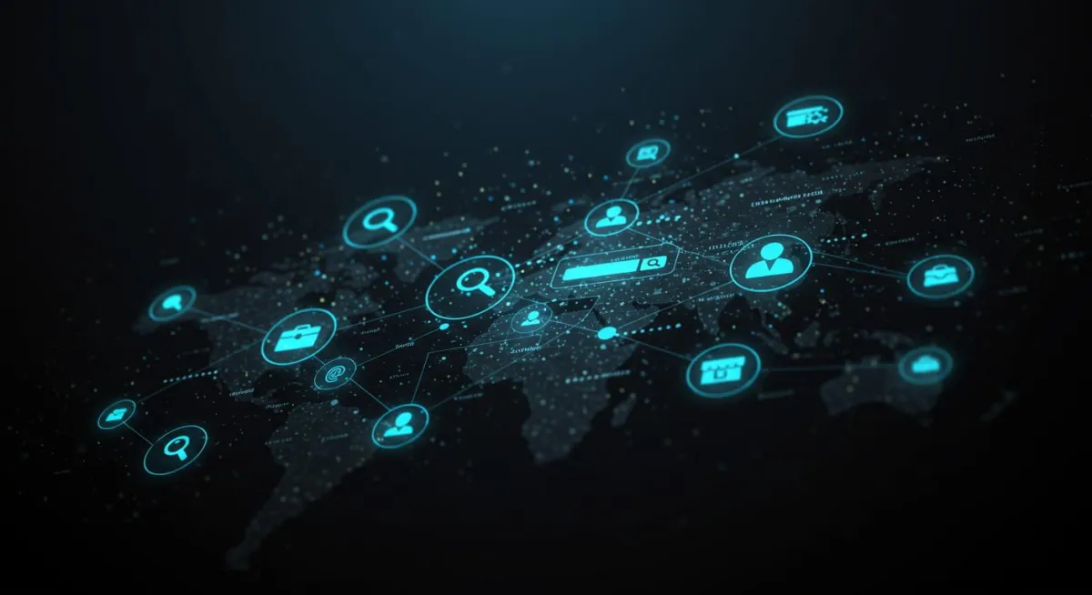 World map displaying a network with various icons representing different locations and connections. 