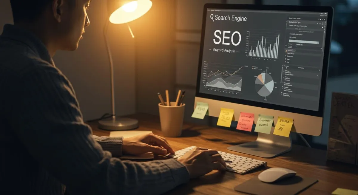 Man working on a computer to enhance website search engine optimization (SEO), focusing on improving search visibility and online presence.