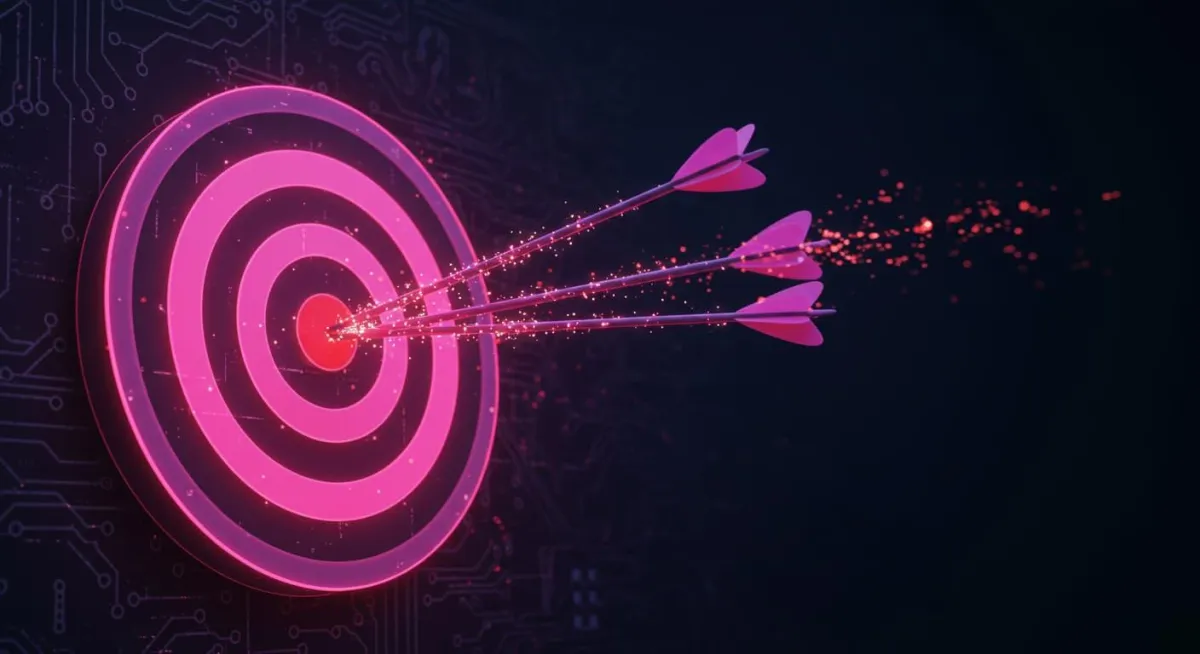 Illustration of a target with three arrows hitting the center, depicted in pink and black colors, symbolizing precision and success.