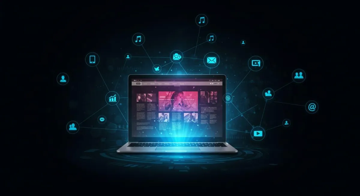 Laptop with a background display of various social media icons, representing connectivity and online presence.