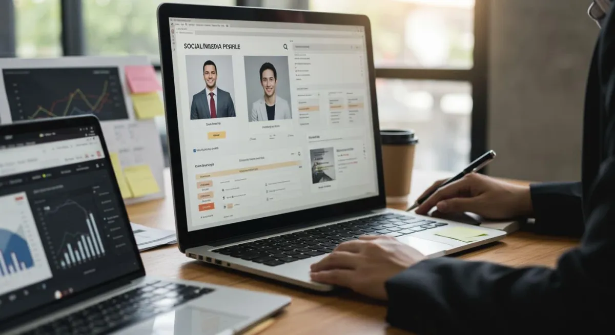 Person working with two laptops, creating and optimizing professional profiles and business pages, enhancing online presence and digital marketing efforts.