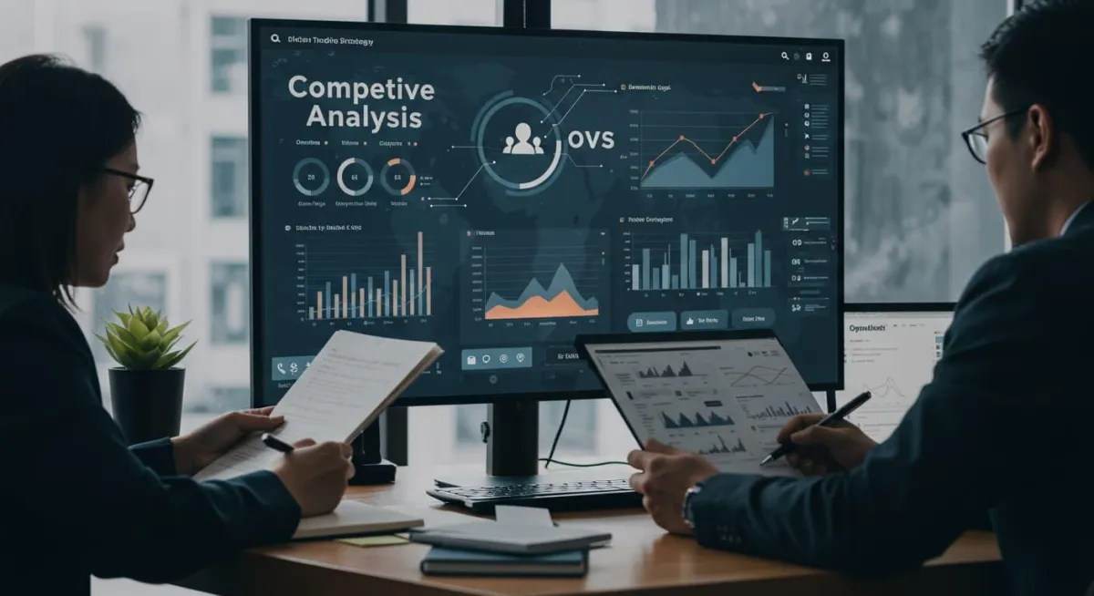 Two individuals working together in front of a large PC screen, conducting competitive analysis and monitoring social media accounts to gain insights and optimize their online strategy.