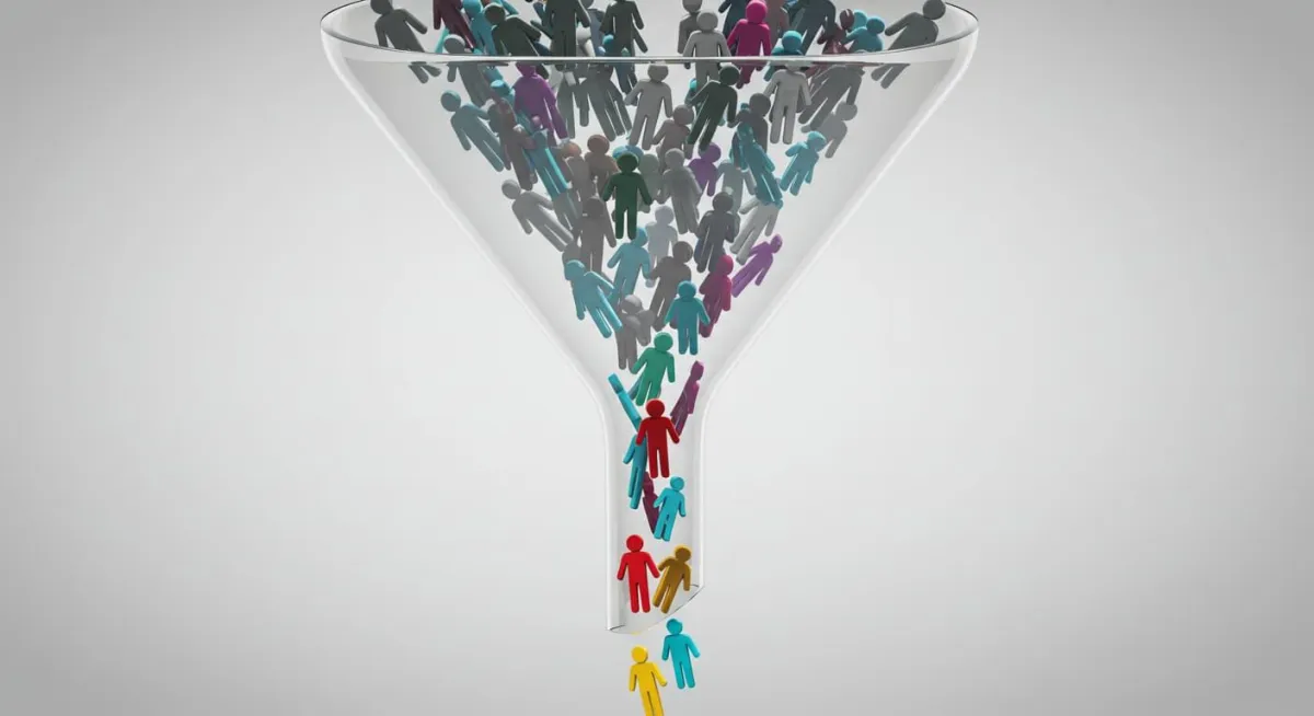 Funnel illustrating quality over quantity in lead generation. Gray figures enter the top, but only a few, high-quality leads emerge at the bottom