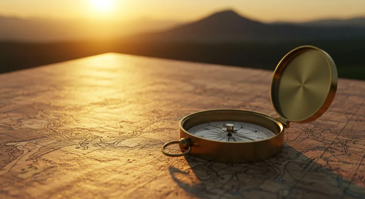 Compass pointing towards a distant goal, symbolizing strategic planning and direction.
