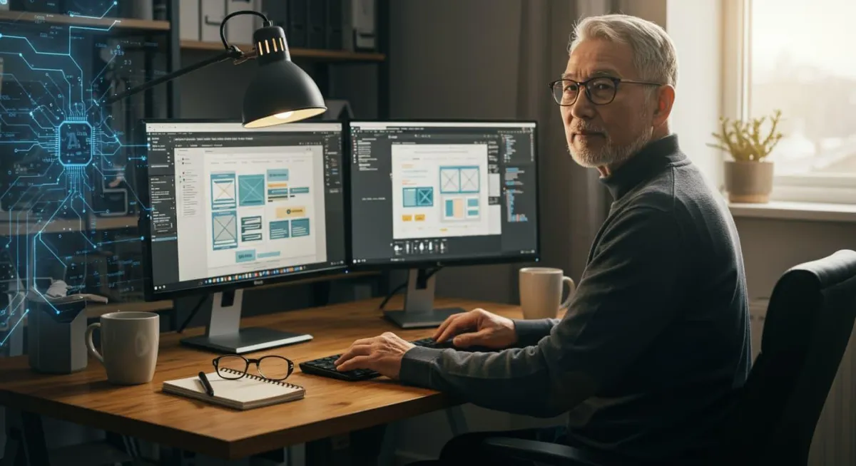 Experienced professional in their 60s working on website design at an organized home office desk with dual monitors displaying wireframes and digital elements. The workspace features subtle AI visualization elements, conveying seasoned expertise and digital craftsmanship.