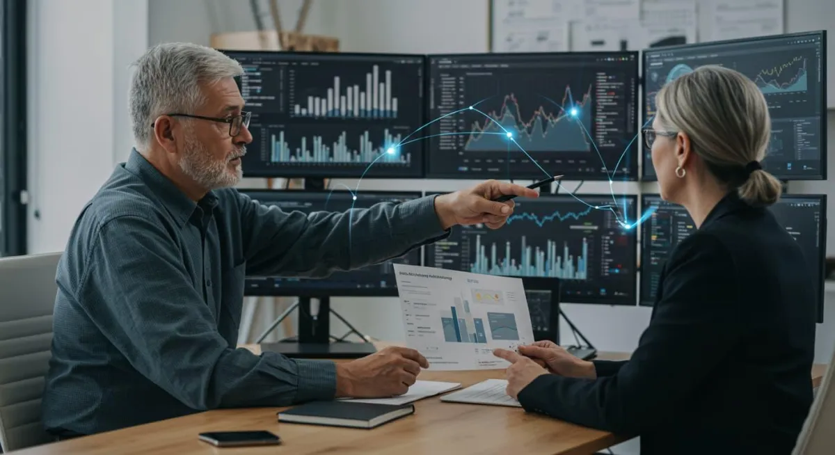 Experienced marketing consultant collaborating with a client on digital strategy, reviewing analytics dashboards and performance metrics on multiple screens in a modern office setting.