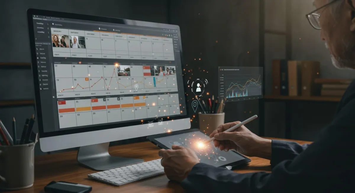 Comprehensive marketing results dashboard across multiple screens displaying performance metrics, ROI calculations, conversion funnels, and positive growth trends with automated optimization indicators.