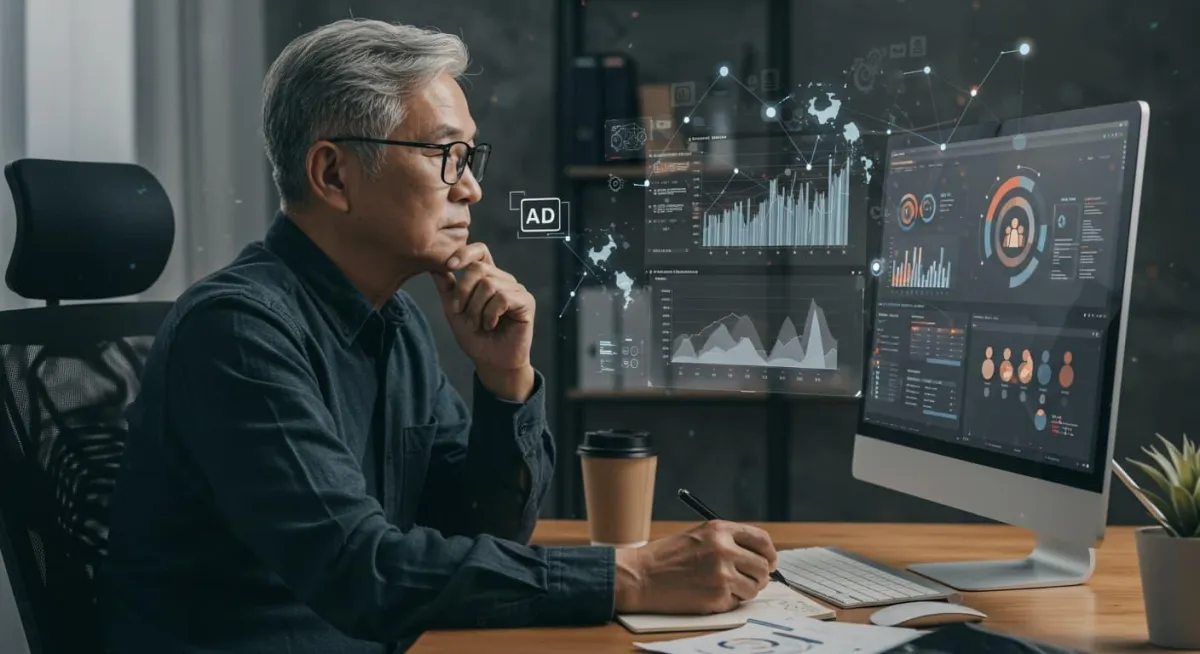 Experienced marketing professional analyzing advanced keyword research and audience targeting data across multiple screens, working with keyword clusters, search volume metrics, and segmentation tools to develop strategic digital advertising campaigns.