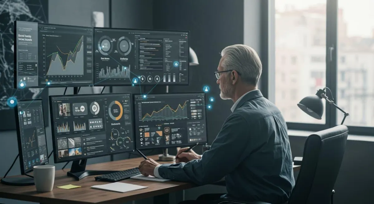 Experienced reputation management consultant analyzing comprehensive brand monitoring dashboards showing sentiment analysis, review tracking, and media mentions with AI-powered analytics tools in a professional workspace.