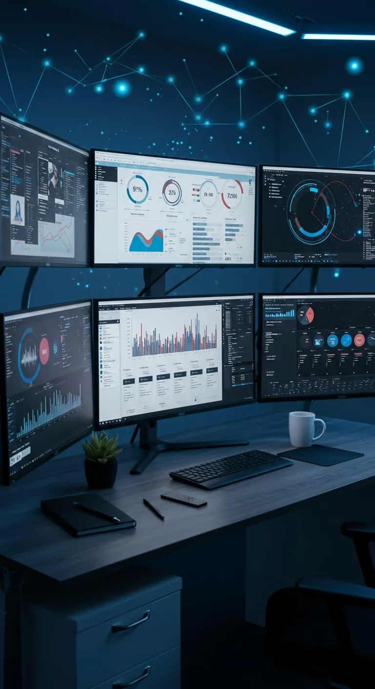 Sophisticated PPC campaign management dashboard across multiple monitors displaying keyword performance, ad spend tracking, conversion metrics, and ROI calculations with AI-powered optimization indicators.