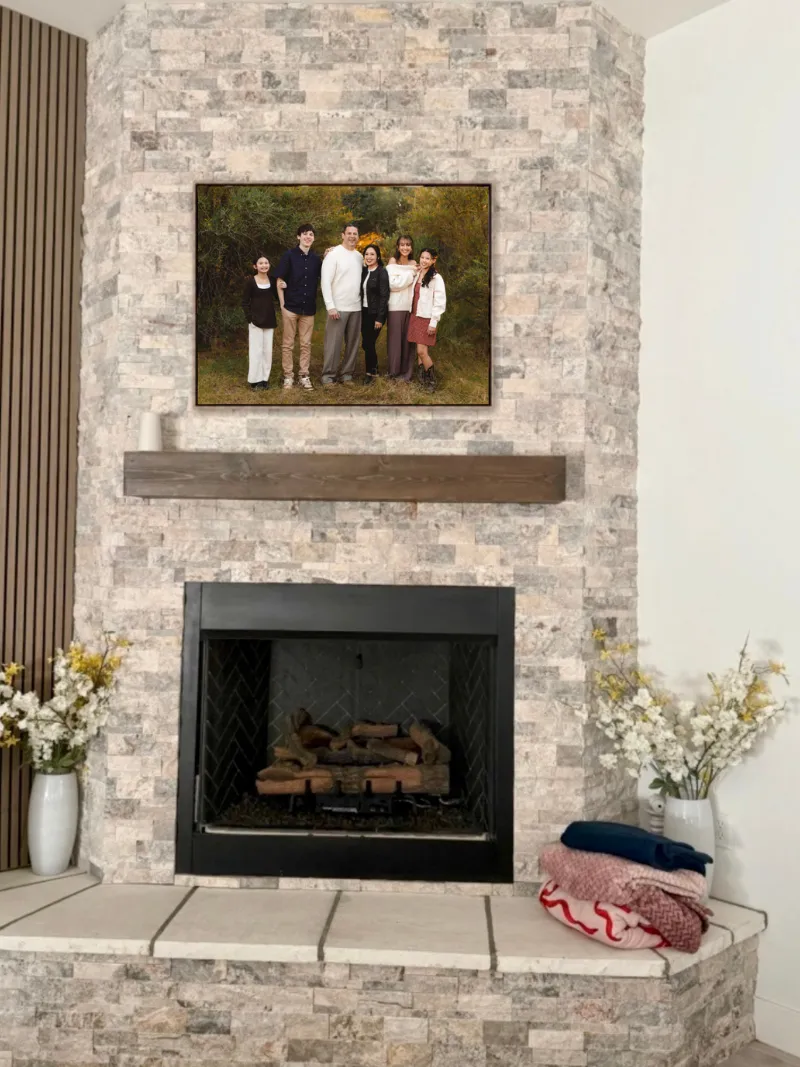 Portrait taken by Andria May Photography. Family of five posing together outdoors during a fall-toned portrait session, the kind of heirloom image Gilbert families turn into custom wall art