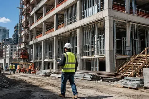 NYC Special Inspections professional reviewing general building construction at an active New York City job site