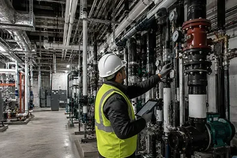 NYC Special Inspections professional examining plumbing, mechanical piping, valves and equipment in a commercial building