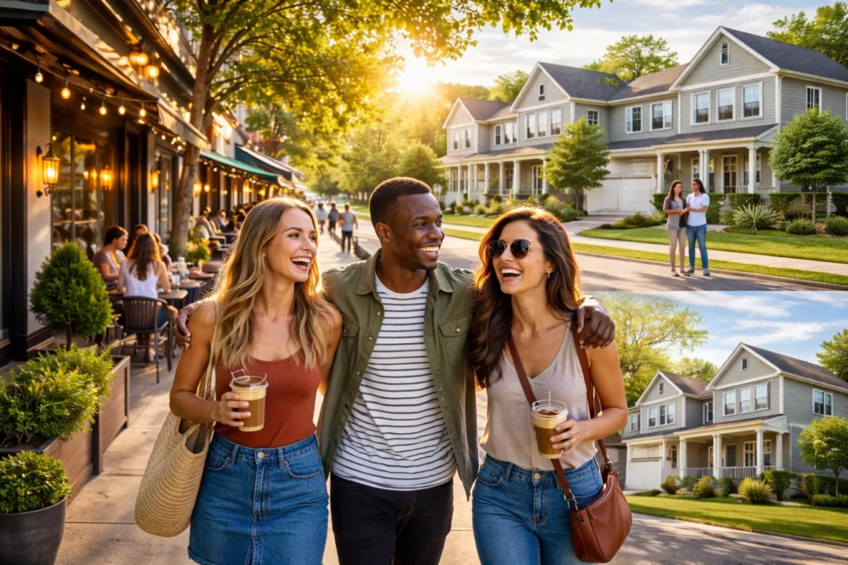 Young Gen Z and Millennial adults walking through a vibrant Georgia suburb with cafes and new homes, representing young professionals moving to Gwinnett County suburbs in 2026.