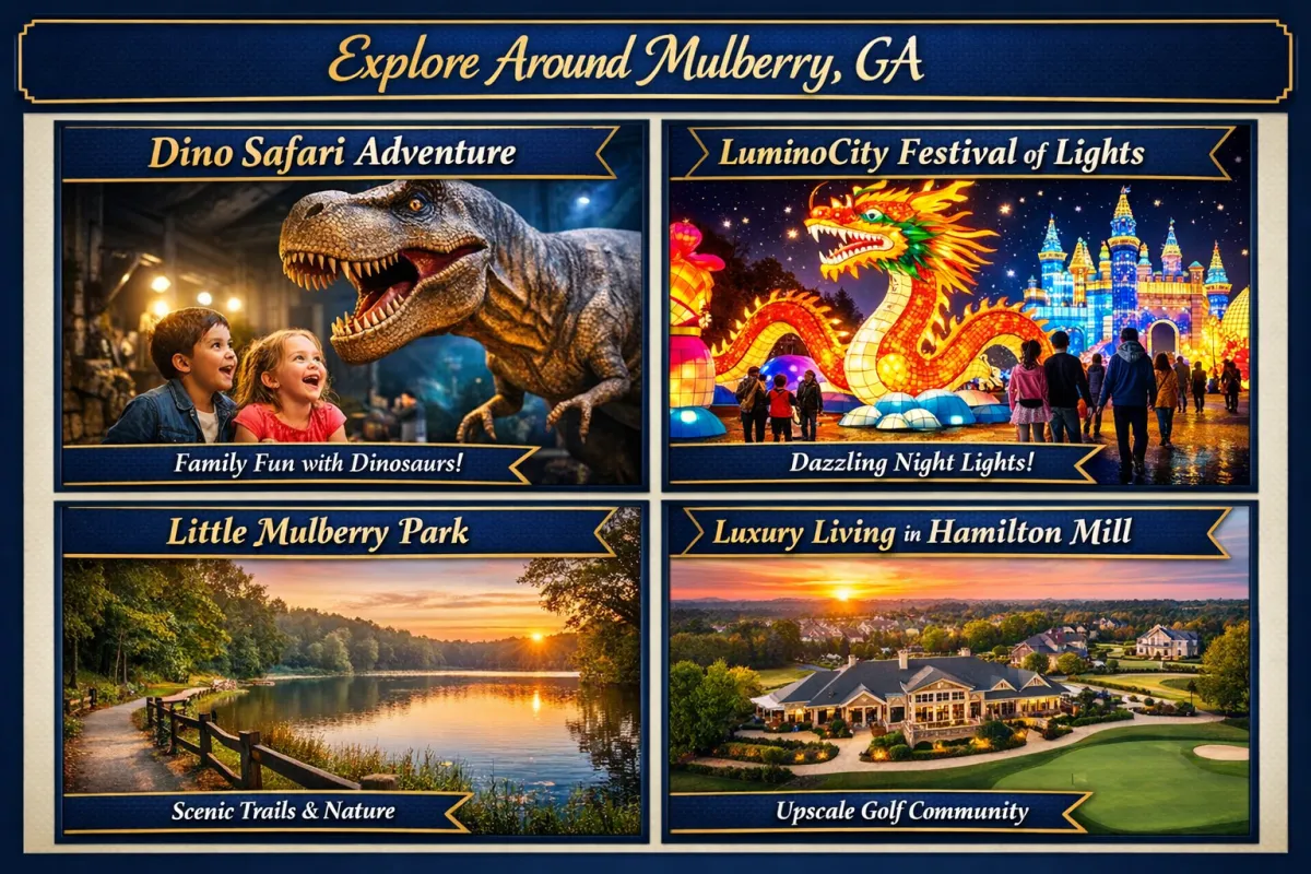Family activities near Mulberry GA featuring dinosaur safari, glowing egg hunt at night, scenic park trails, and Hamilton Mill golf community Option 3 (SEO heavier):