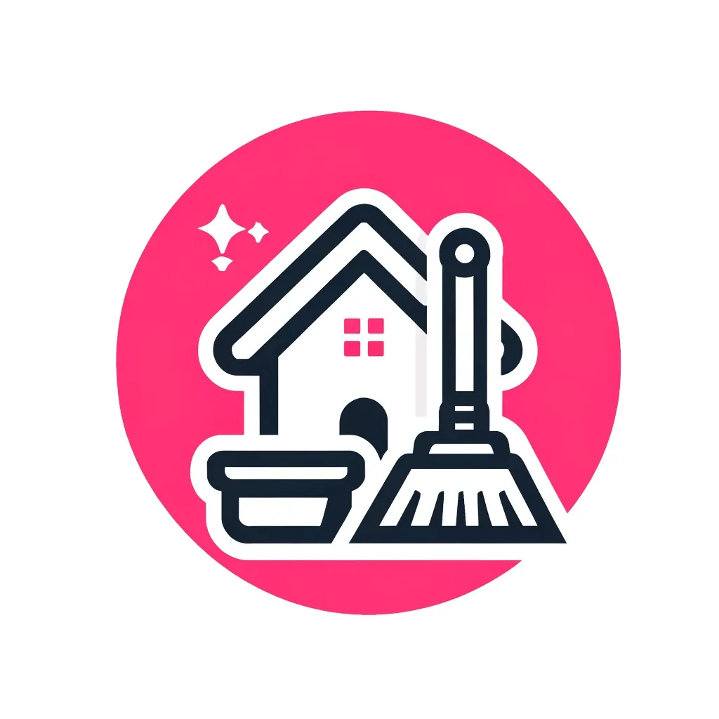 Property management cleaning icon showing a building with cleaning brush and dustpan in pink (#DE5D83), symbolizing property upkeep and management by Faye's Cleaning Co., Cleveland.