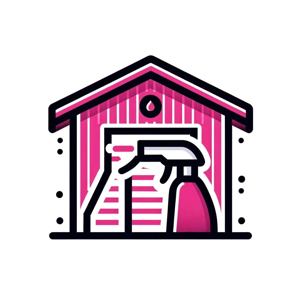 Warehouse sanitization icon depicting a warehouse and disinfectant spray in pink (#DE5D83), representing specialized cleaning services by Faye's Cleaning Co. in Cleveland, OH.