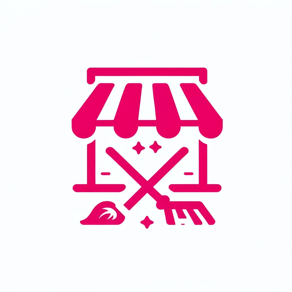 Retail store maintenance icon with a simplified storefront and cleaning tools in pink (#DE5D83), showcasing top-tier commercial cleaning from Faye's Cleaning Co., Cleveland.