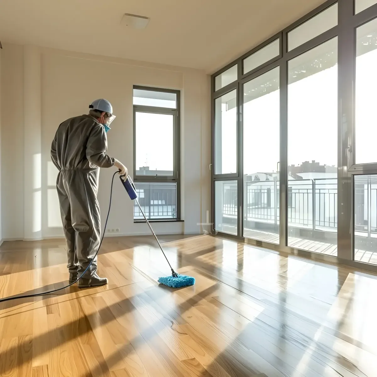 Professional cleaner performing deep cleaning in an empty apartment using eco-friendly products, ensuring a spotless transition with Faye’s Cleaning Co.