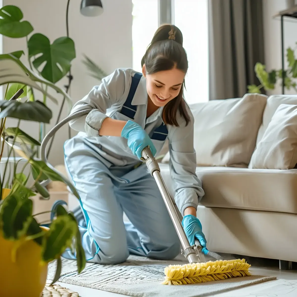 Smiling, uniformed cleaner dusting and vacuuming in a clean living room using eco-friendly supplies, providing consistent freshness with Faye’s Cleaning Co.
