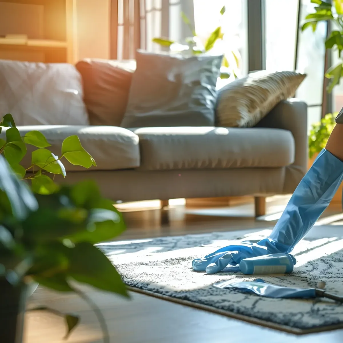 Professional cleaner using eco-friendly, non-toxic products to clean a cozy family living room, ensuring a safe, healthy home with Faye’s Cleaning Co.