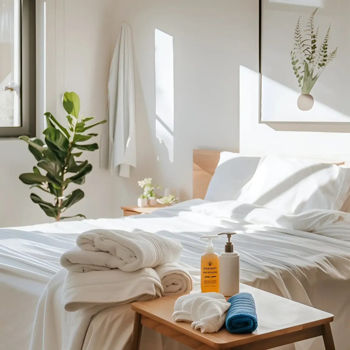 Professional cleaner making a bed and preparing a stylish Airbnb space with eco-friendly supplies, ensuring guest-ready cleanliness with Faye’s Cleaning Co.