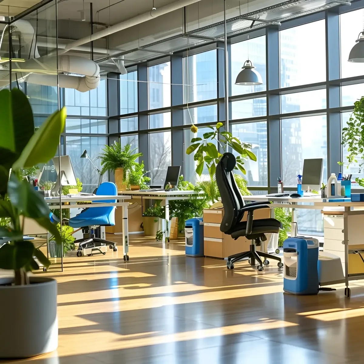Uniformed cleaner using eco-friendly products in a modern office space, providing a clean, green work environment with Faye’s Cleaning Co.