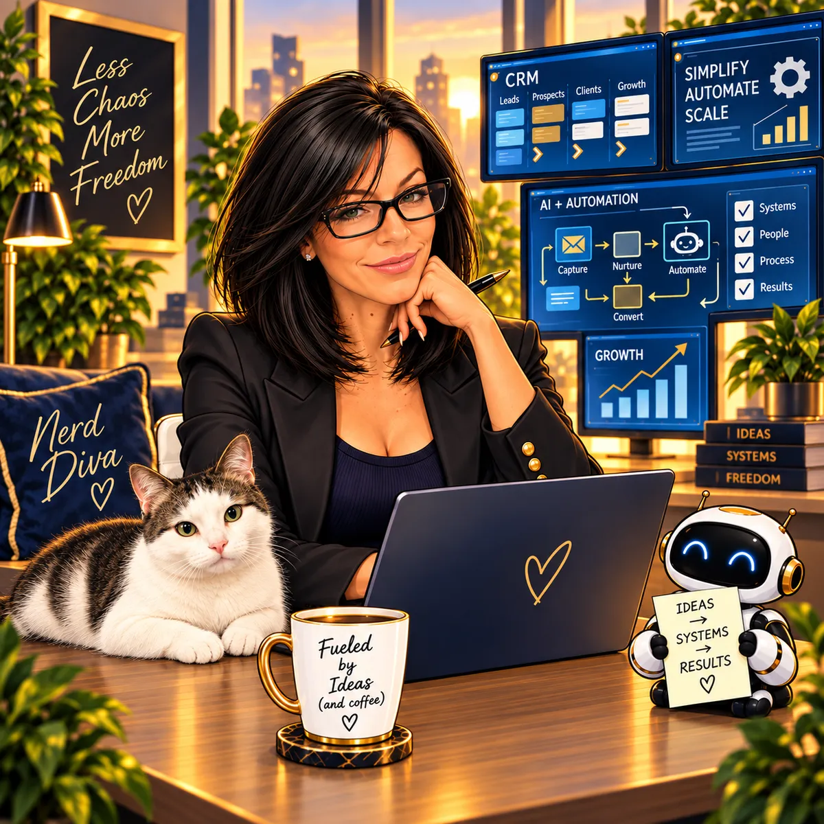 Brandilyn reviewing high-level business systems architecture and executive operations dashboards