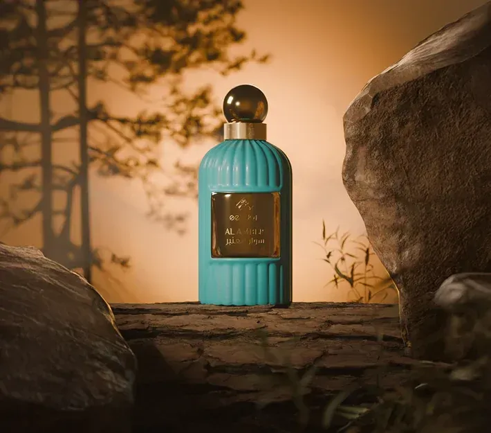 a bottle of cologne sitting on top of a white surface