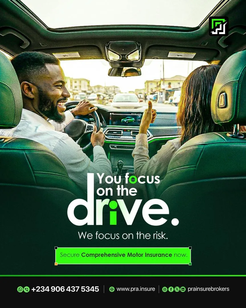Comprehensive Motor Insurance advertisement showing a happy couple driving a car, highlighting vehicle protection, road safety, and insurance coverage from PRA Insurance Brokers in Nigeria.