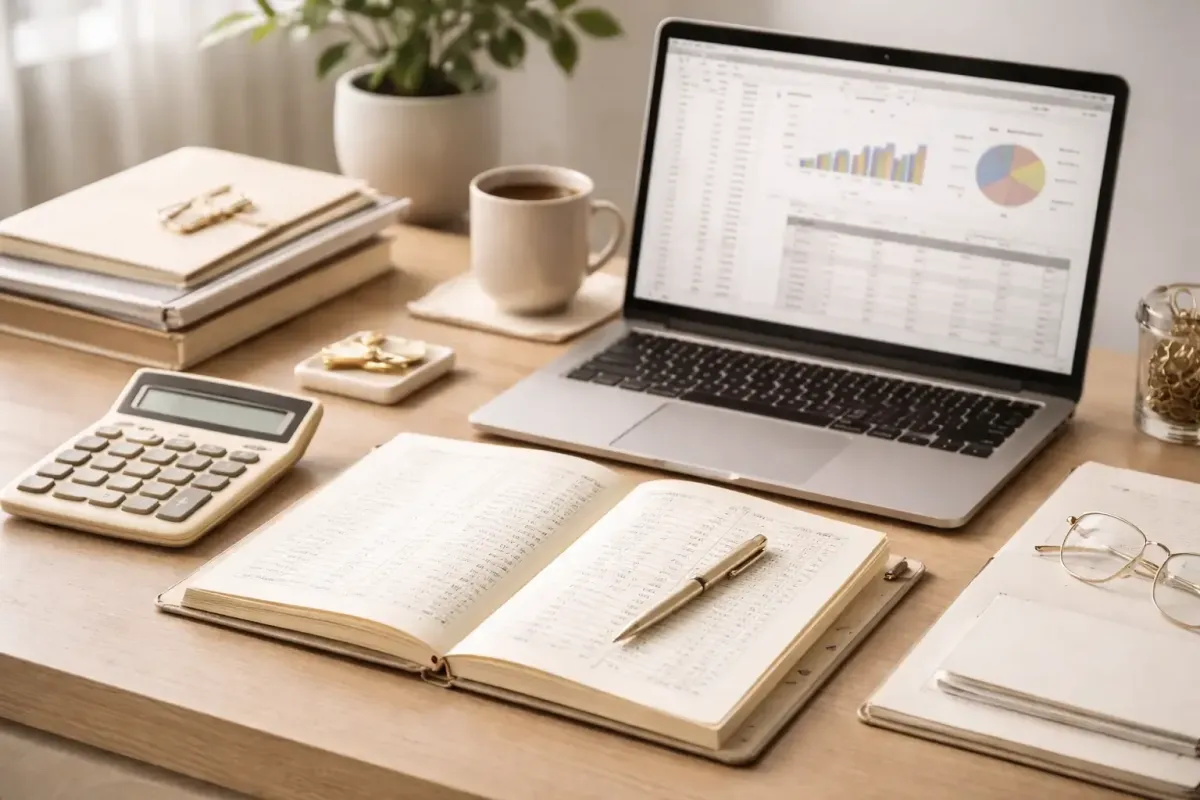 Professional accounting workspace with laptop financial reports and bookkeeping tools representing QuickBooks certified expertise from Ferrara Bookkeeping and Consulting Las Vegas bookkeeper Ina Ferrara for small and midsize businesses