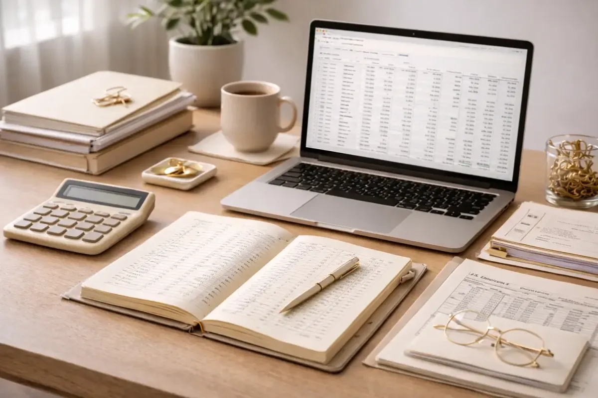 Organized bookkeeping workspace with financial ledger reports calculator and accounting documents representing certified bookkeeper services from Ferrara Bookkeeping and Consulting Las Vegas bookkeeper Ina Ferrara for small and midsize businesses