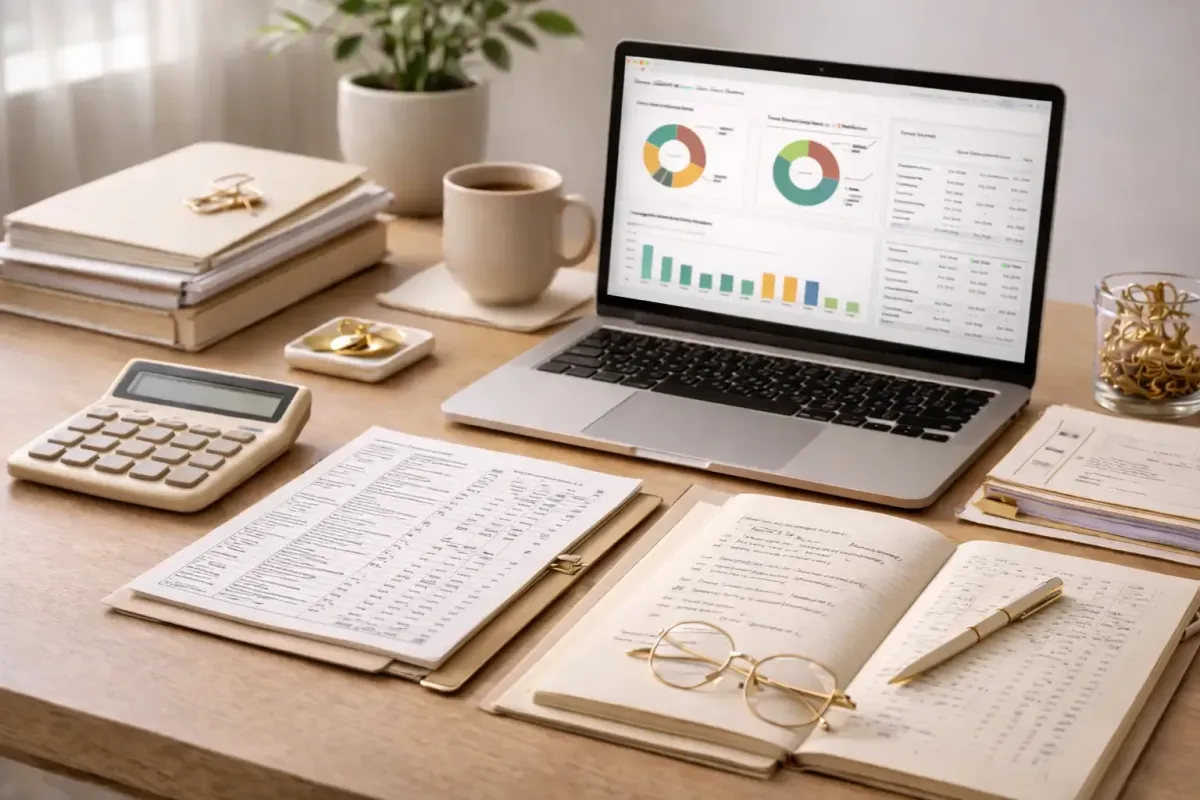 Professional financial analysis workspace with compensation reports spreadsheets calculator and accounting tools representing certified compensation professional expertise from Ferrara Bookkeeping and Consulting Las Vegas bookkeeper Ina Ferrara with twenty years of experience in financial management