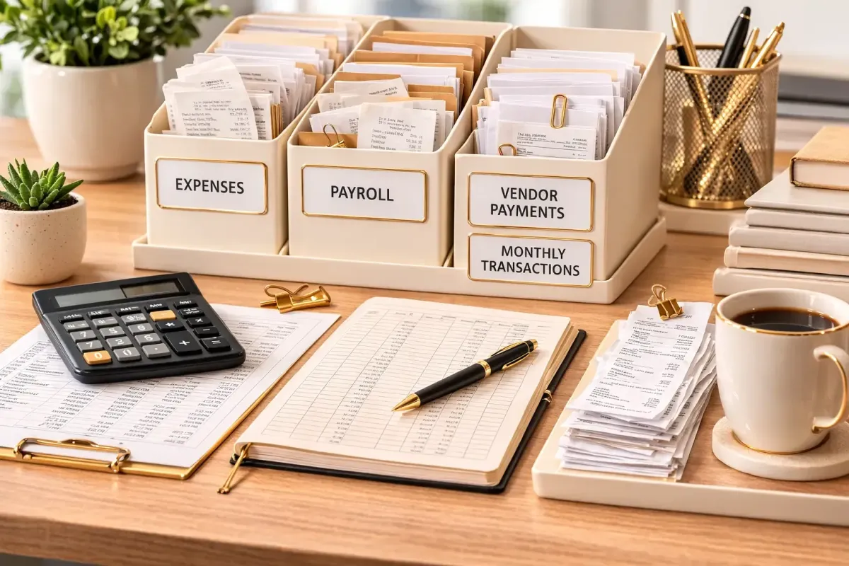 Organized business receipts sorted into financial folders with calculator and bookkeeping ledger representing monthly transaction categorization by Ferrara Bookkeeping and Consulting Las Vegas bookkeeper Ina Ferrara for small businesses