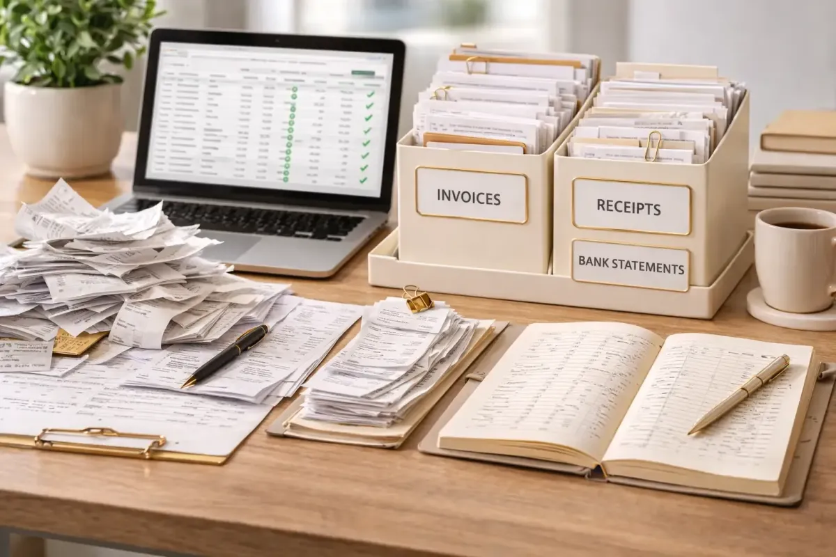Accounting workspace showing disorganized receipts and financial documents being organized into folders beside a laptop with financial spreadsheets representing QuickBooks book cleanup services from Ferrara Bookkeeping and Consulting Las Vegas bookkeeper Ina Ferrara