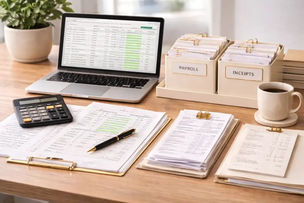 Accounting workspace with bank statements credit card statements calculator and financial spreadsheets representing account reconciliation services from Ferrara Bookkeeping and Consulting Las Vegas bookkeeper Ina Ferrara ensuring accurate financial records for small businesses