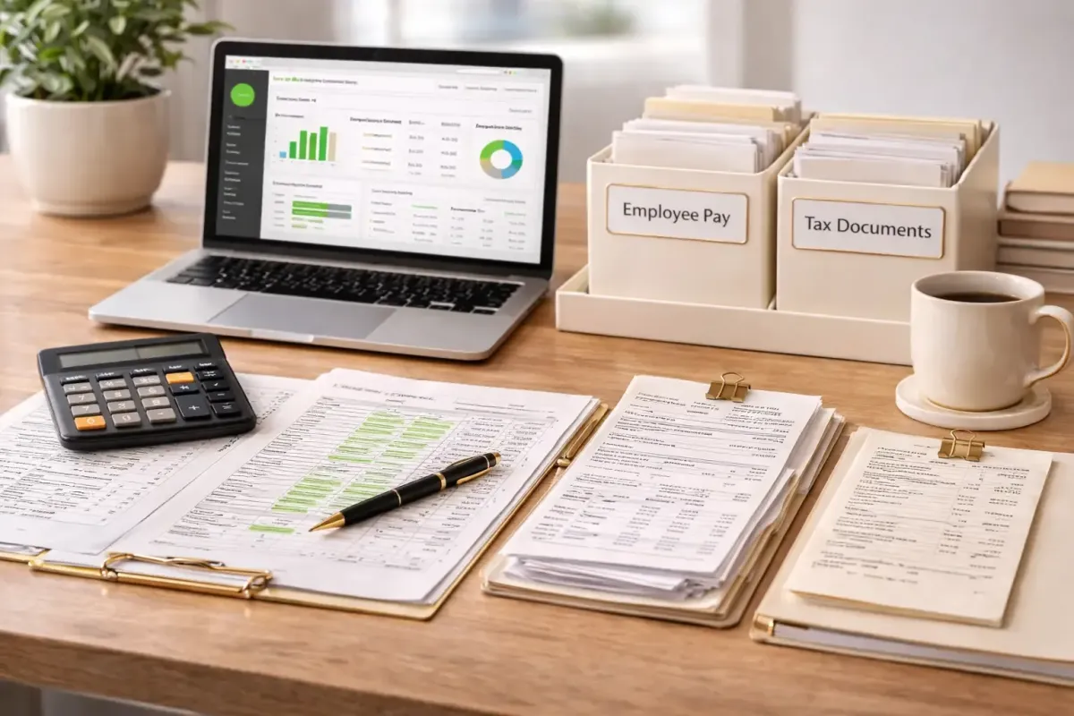 Professional accounting workspace with payroll reports tax documents and financial spreadsheets representing QuickBooks payroll services from Ferrara Bookkeeping and Consulting Las Vegas bookkeeper Ina Ferrara for small businesses with employees and contractors