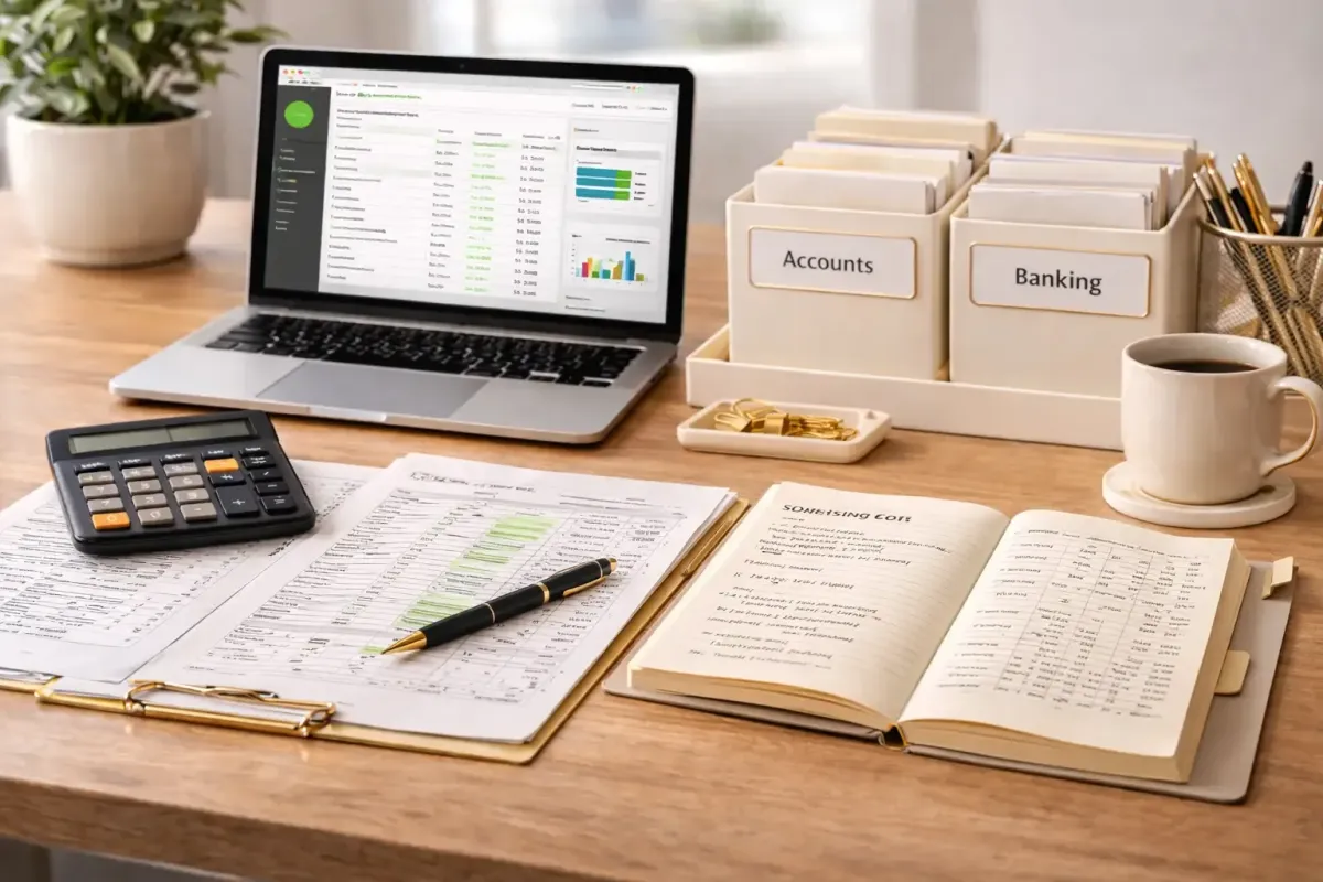 Professional bookkeeping workspace with laptop financial dashboard accounting notes and calculator representing QuickBooks setup and training services from Ferrara Bookkeeping and Consulting Las Vegas bookkeeper Ina Ferrara for small businesses and new business owners