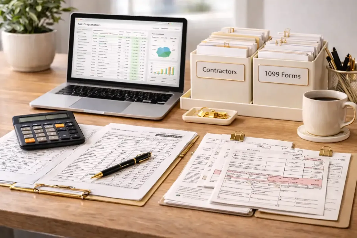 Professional accounting workspace with contractor payment reports tax documents and calculator representing 1099 filing services from Ferrara Bookkeeping and Consulting Las Vegas bookkeeper Ina Ferrara for businesses working with freelancers and independent contractors