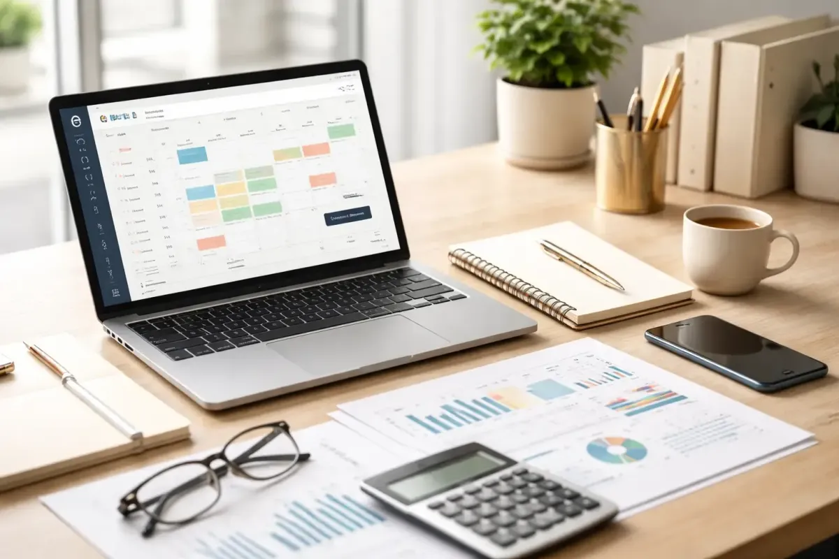 Professional office workspace with laptop calendar scheduling notebook and financial documents representing booking a free consultation with Ferrara Bookkeeping and Consulting Las Vegas bookkeeper Ina Ferrara for small business bookkeeping services