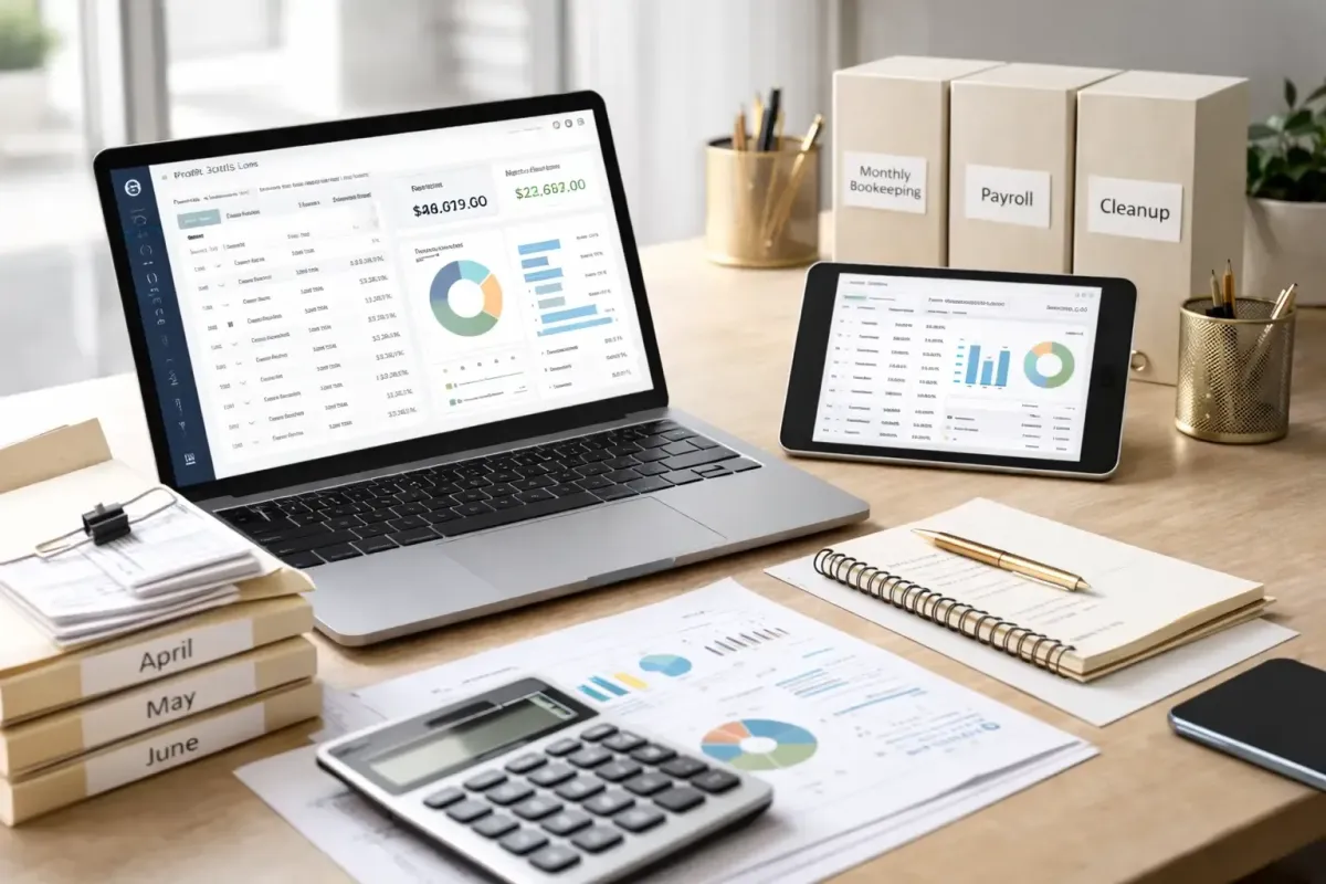 Organized accounting workstation with financial reports folders tablet and calculator representing professional bookkeeping services from Ferrara Bookkeeping and Consulting Las Vegas bookkeeper Ina Ferrara