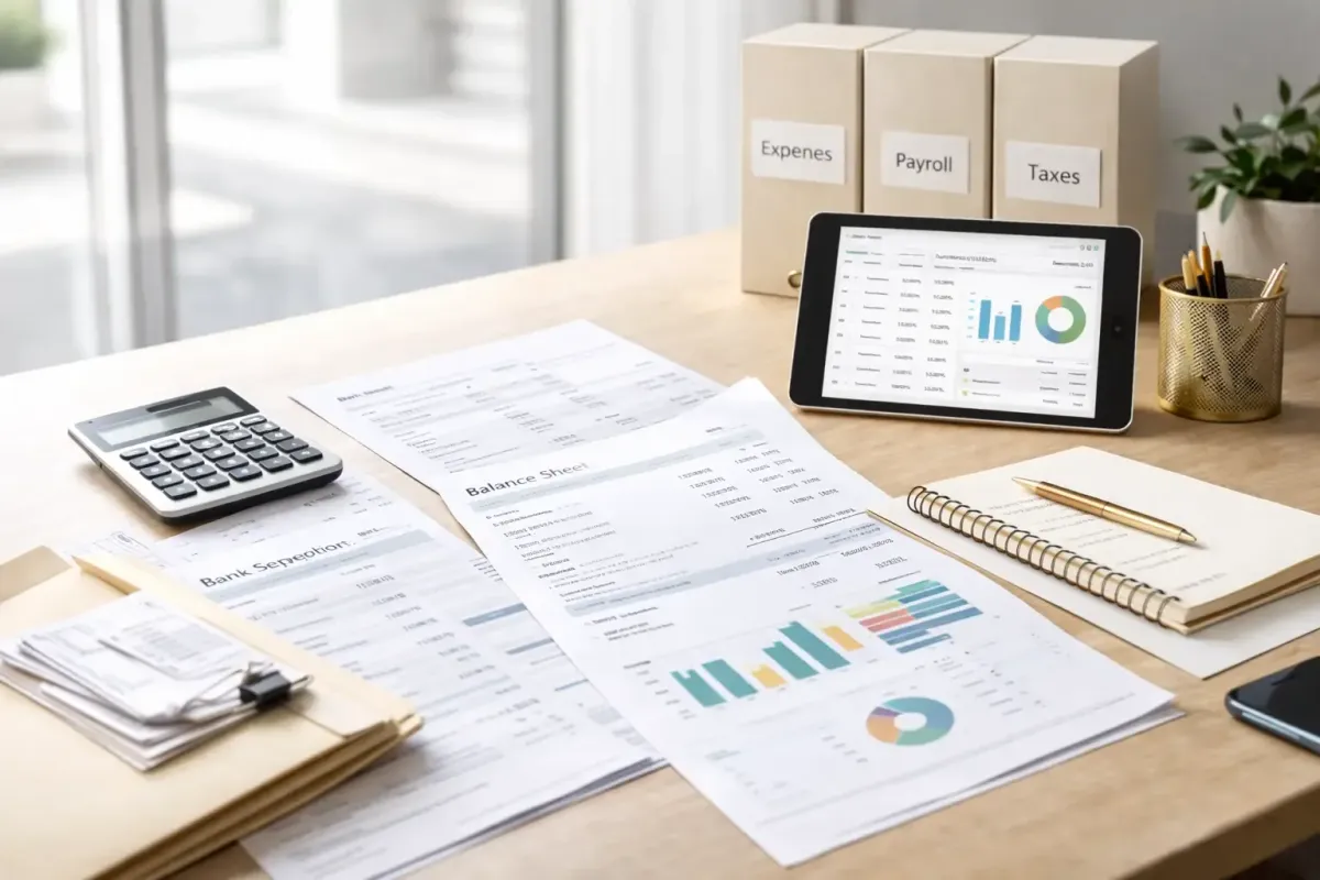 Accounting desk with balance sheets bank statements and financial charts representing QuickBooks bookkeeping review services from Ferrara Bookkeeping and Consulting Las Vegas bookkeeper Ina Ferrara