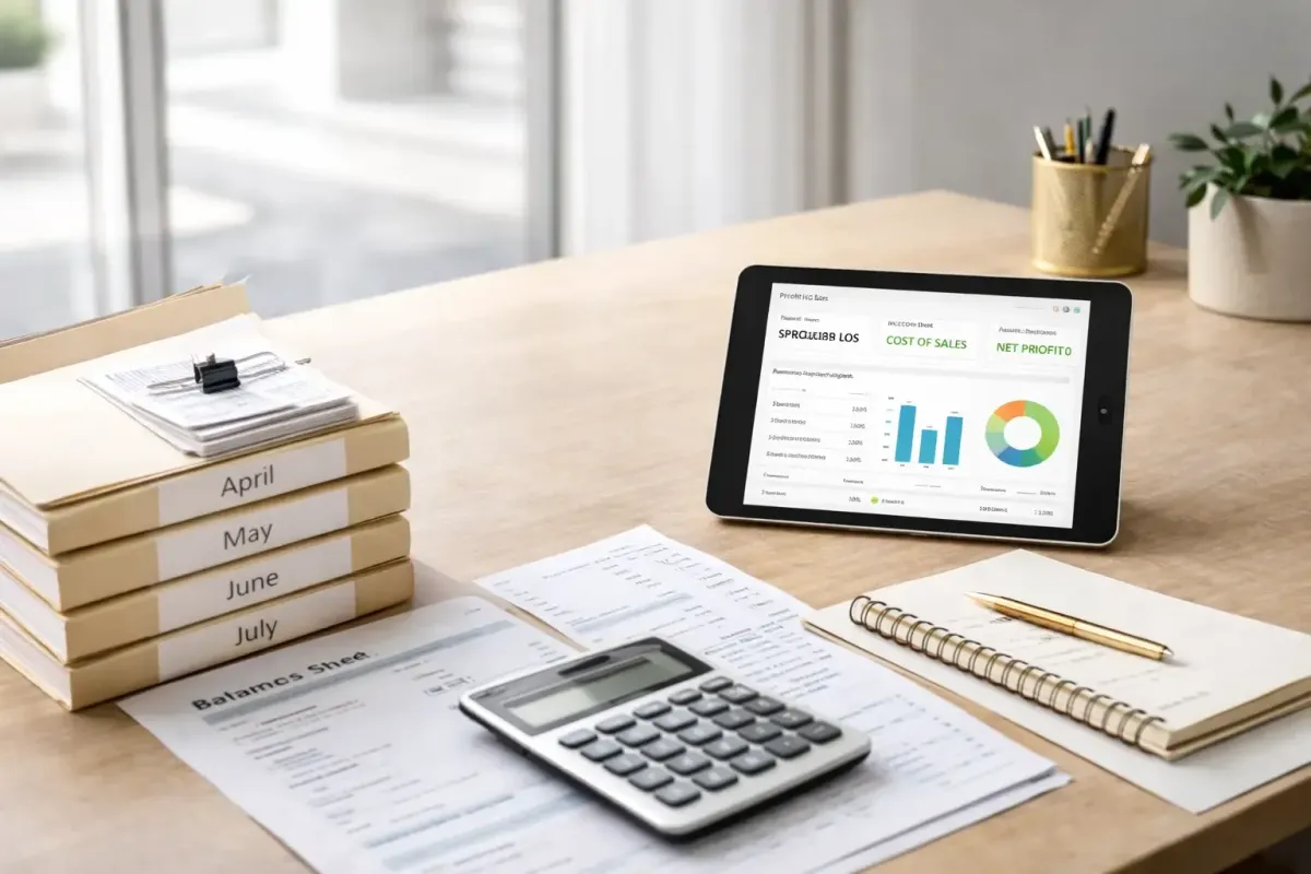 Minimal accounting workspace with financial charts organized folders and calculator representing financial clarity from Ferrara Bookkeeping and Consulting Las Vegas bookkeeper Ina Ferrara for small businesses