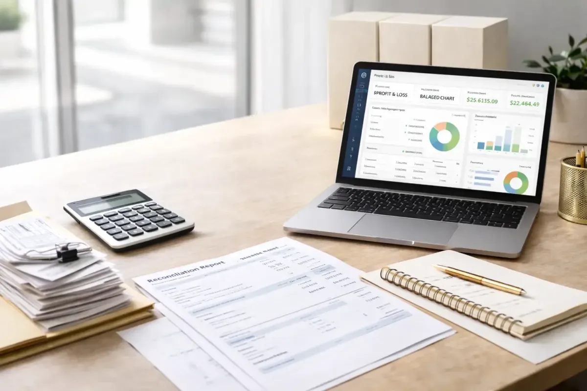 Professional accounting workspace with reconciled financial reports calculator and ledger representing the bookkeeping accuracy guarantee from Ferrara Bookkeeping and Consulting Las Vegas bookkeeper Ina Ferrara for small businesses